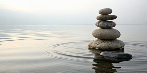 Balanced stack of smooth zen stones on calm water with soft ripples