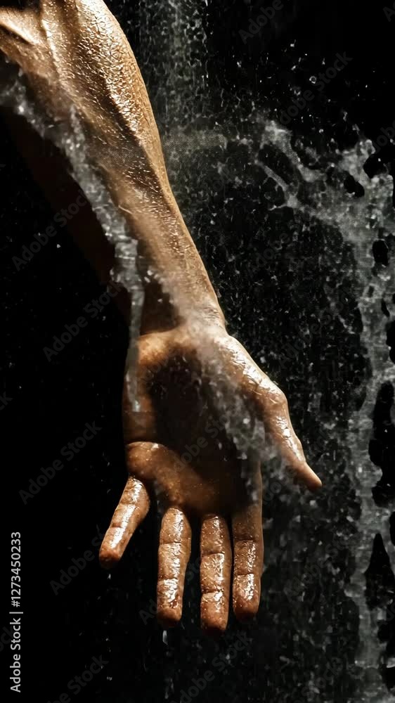 Poster water droplets cascade over an outstretched hand in a dynamic display of motion and texture