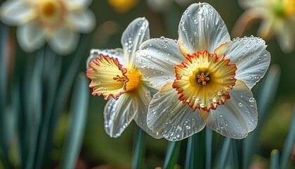Fototapeta premium Close-up of spring daffodils with dew drops highlighting nature's beauty