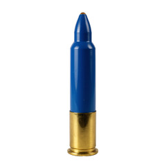 Bullet replica made of plastic and metal with blue paint and brass casing used for display or educational purposes