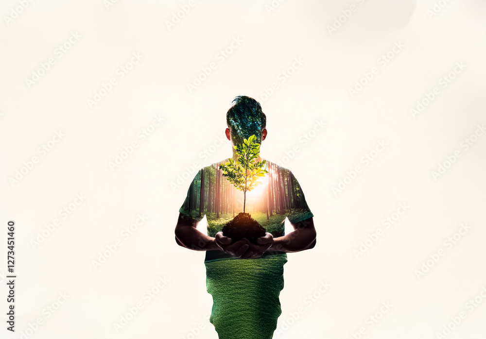 Poster shenzhen, china - unknown date : a figure holds a young tree sapling, their form overlaid with a vib