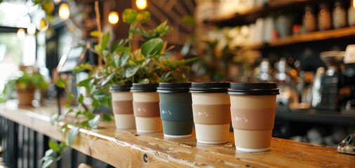A skilled barista creates beautiful latte art in a cozy cafe adorned with indoor plants. Elegant coffee cups are neatly arranged on the wooden counter under warm light.