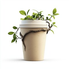 Single-use coffee cup discarded in nature isolated on white background