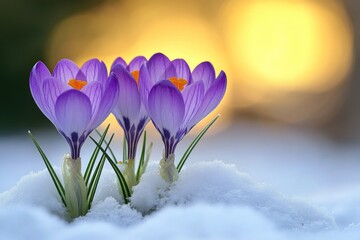 A group of purple flowers sits amidst the snow, adding a pop of color to the winter landscape