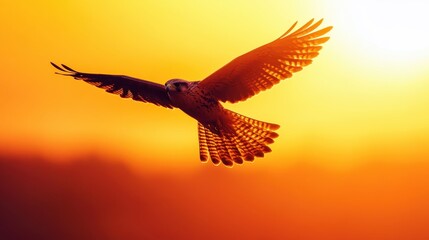 Majestic Falcon Soaring Against a Vibrant Sunset Sky with Outstretched Wings and Radiant Orange Background