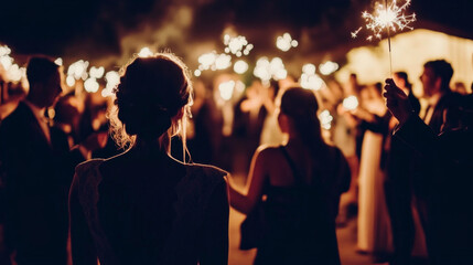 Festive gathering with friends waving sparklers during a joyful celebration under the night sky