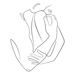 Hugging couple of man and woman one line drawing on white isolated background