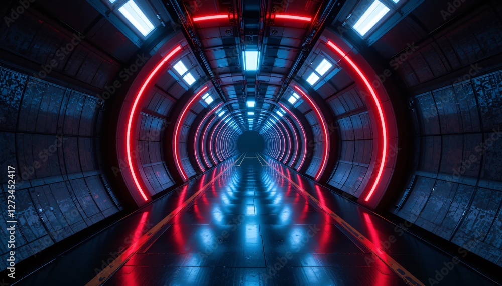 Poster futuristic tunnel vision. high-tech corridor with neon lights. a sci-fi pathway, reflective floor, d