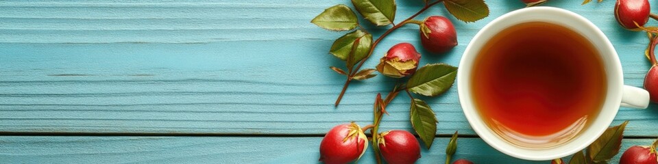 A warm cup of tea accompanied by a bouquet of bright red roses