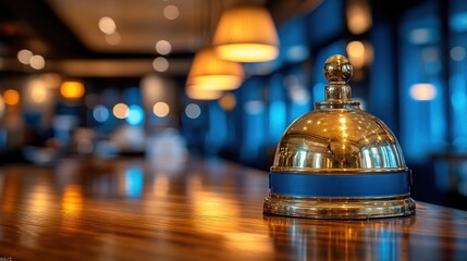 Golden service bell on wooden bar counter in hotel lobby