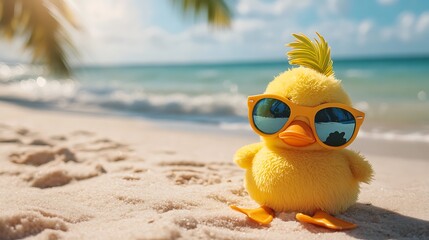 Obraz premium Stuffed duck with tropical themed sunglasses playful beach scene