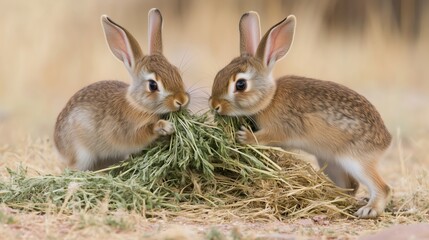 Obraz premium Foraging for Food: Photograph rabbits nibbling on grass or other vegetation in their natural habitat.