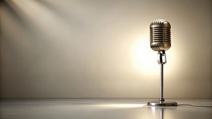 A Golden Vintage Microphone on a Stand in a Softly Lit Room