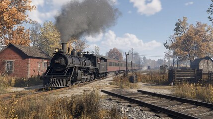 Naklejka premium Steam train departing rural station in autumn.