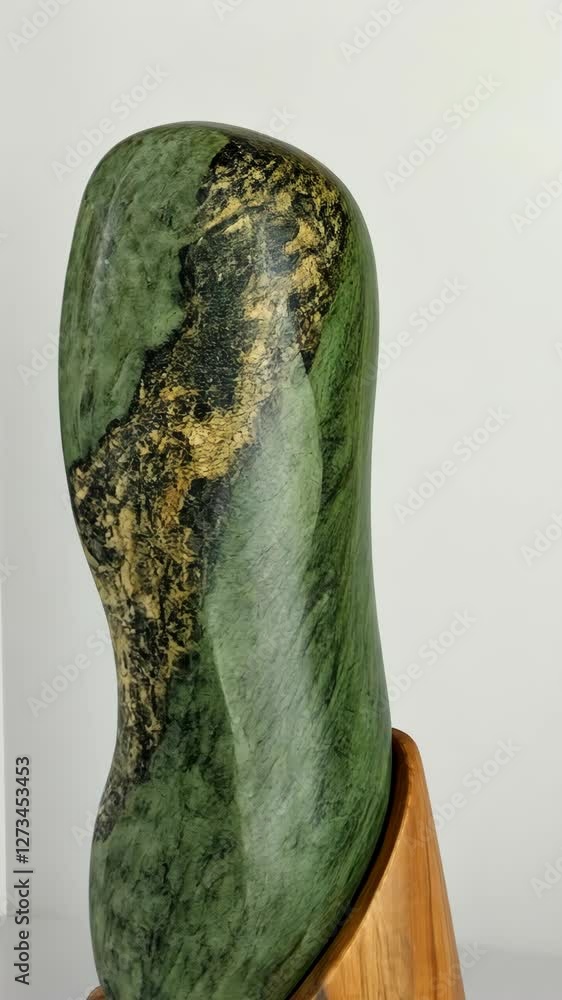 Poster elegant green stone sculpture on wooden base showcasing unique patterns and textures in a modern dis