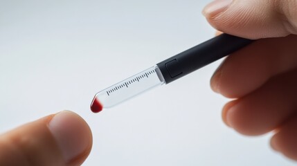 A hand placing a blood droplet on a glucose test strip inserted into a meter. Featuring health management and accuracy