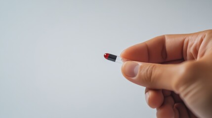 A hand placing a blood droplet on a glucose test strip inserted into a meter. Featuring health management and accuracy