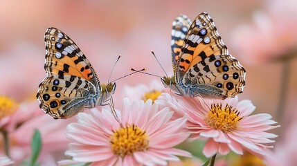 Obraz premium Two butterflies rest on pink daisy flowers with similar postures in a blurred background