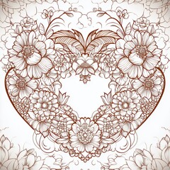Intricate Floral Heart Design with Delicate Flowers and Leaf Motifs in Brown Sketch Style