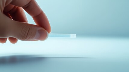A hand placing a blood droplet on a glucose test strip inserted into a monitor. Featuring health awareness and precision