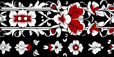 Intricate Floral Pattern with Red and White Flowers on Black Background