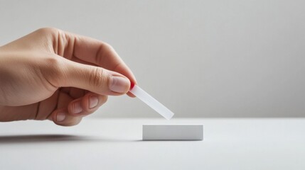 A hand placing a blood droplet on a glucose test strip inserted into a monitor. Featuring health awareness and precision