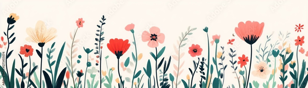 Poster stylized wildflowers and greenery are arranged horizontally against a white background