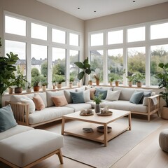 Fototapeta premium Modern Scandinavian Living Room with Large Windows and Comfortable Sofa