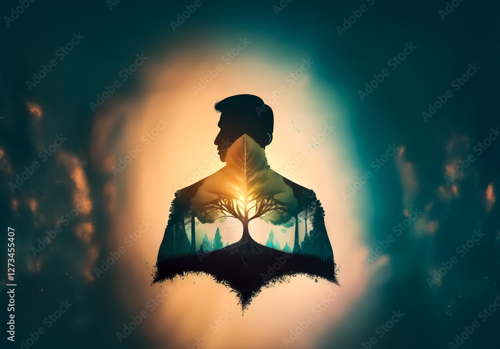 Poster shenzhen, china - unknown date : a silhouette of a person is filled with a vibrant forest scene at t