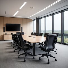 Fototapeta premium Modern Conference Room with Large Windows and Wooden Walls