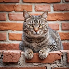 Obraz premium Tabby Cat Resting on Brick Wall