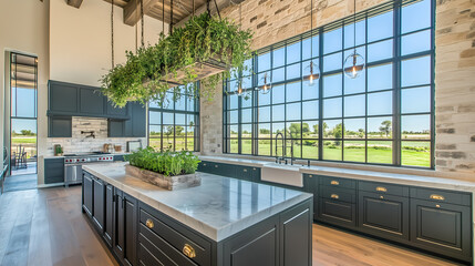 Stylish industrial farmhouse kitchen with black cabinets, white marble countertops, and a hanging herb garden near the window