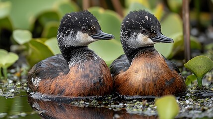 Two red-necked grebes swim in the water surrounded by plants in a pond. Stock photo