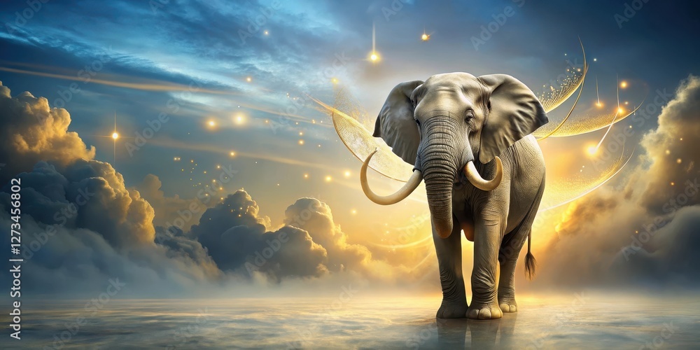 Canvas Prints majestic elephant amidst celestial wonders, illuminated by golden rays of light and sparkling stardu