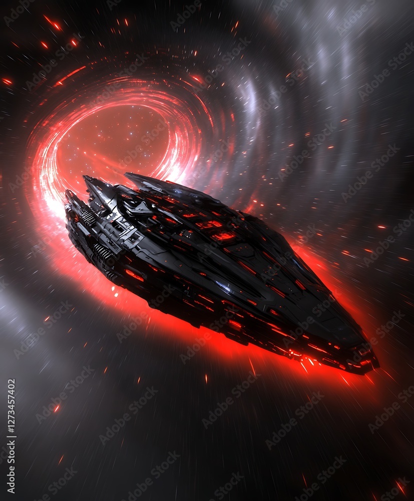 Poster spaceship navigates through a red vortex in outer space