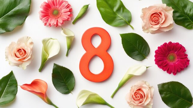 A stylized representation of the number eight surrounded by flowers and leaves
