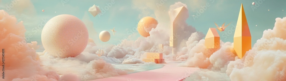 Poster pastel cloudscape with geometric structures and floating objects