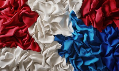 Close-up of crumpled red, white, and blue fabric creating a vibrant, textured background