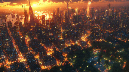 Photorealistic aerial view of a vibrant city skyline at sunset, with glowing skyscrapers, busy streets, and lush green parks. A stunning urban oasis.