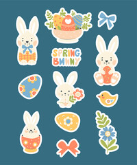 Cute Easter bunny stickers. Isolated spring rabbit animal, paschal decorative eggs, flower and bows. Vector illustration