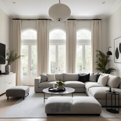 Modern Minimalist Living Room Interior with Large Windows and Comfortable Sectional Sofa
