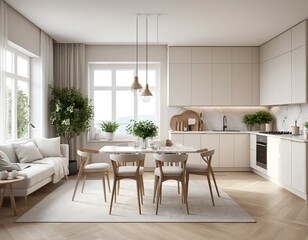 Fototapeta premium Modern Scandinavian Kitchen and Living Room Interior