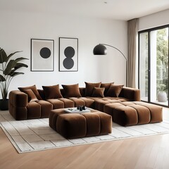 Modern Brown Velvet Modular Sofa in Minimalist Living Room