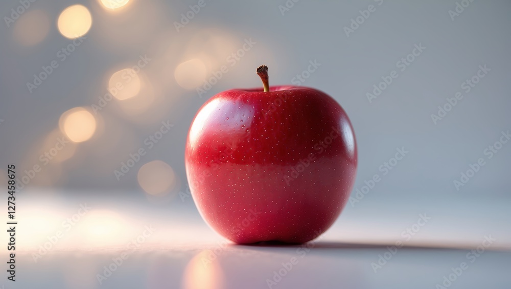 Poster bright red apple resting on a smooth surface with soft bokeh lights in the background during a cozy 