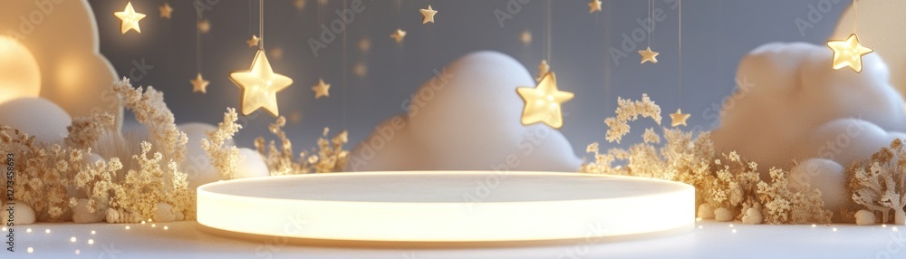 Poster Illuminated podium with clouds and stars for product display