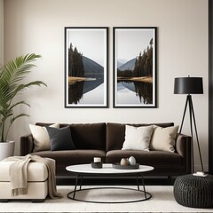 Stylish Living Room Interior with Mountain Lake Artwork