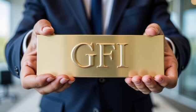 Business professional displaying golden gfi sign with copy space for corporate or financial presentations