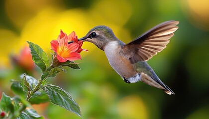 Fototapeta premium Hummingbird feeding on a vibrant orange flower