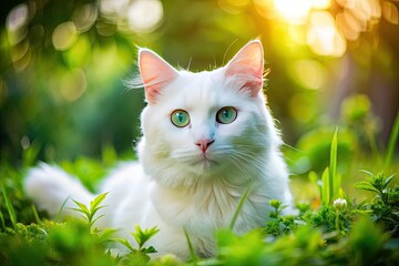 Adorable Odd-Eyed White Cat Relaxing in Garden - Tilt-Shift Stock Video