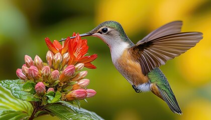 Fototapeta premium Hummingbird Feeding on Vibrant Red Flowers